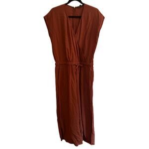 Eileen Fisher Wide-Leg Jumpsuit Brown Pocket Zip Elastic Waist Short Sleeve Sz S